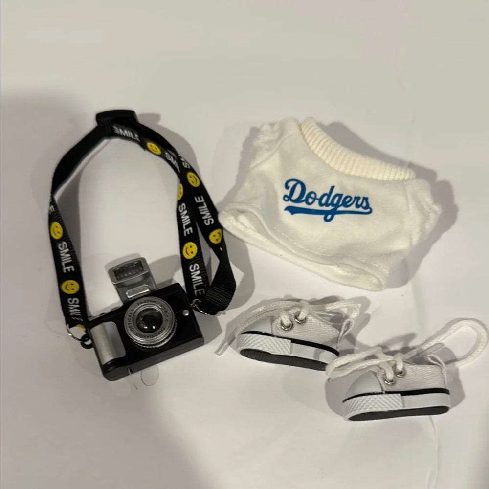 Labubu Outfit Set - White Dodgers with white Converse shoe and a flashing Camera